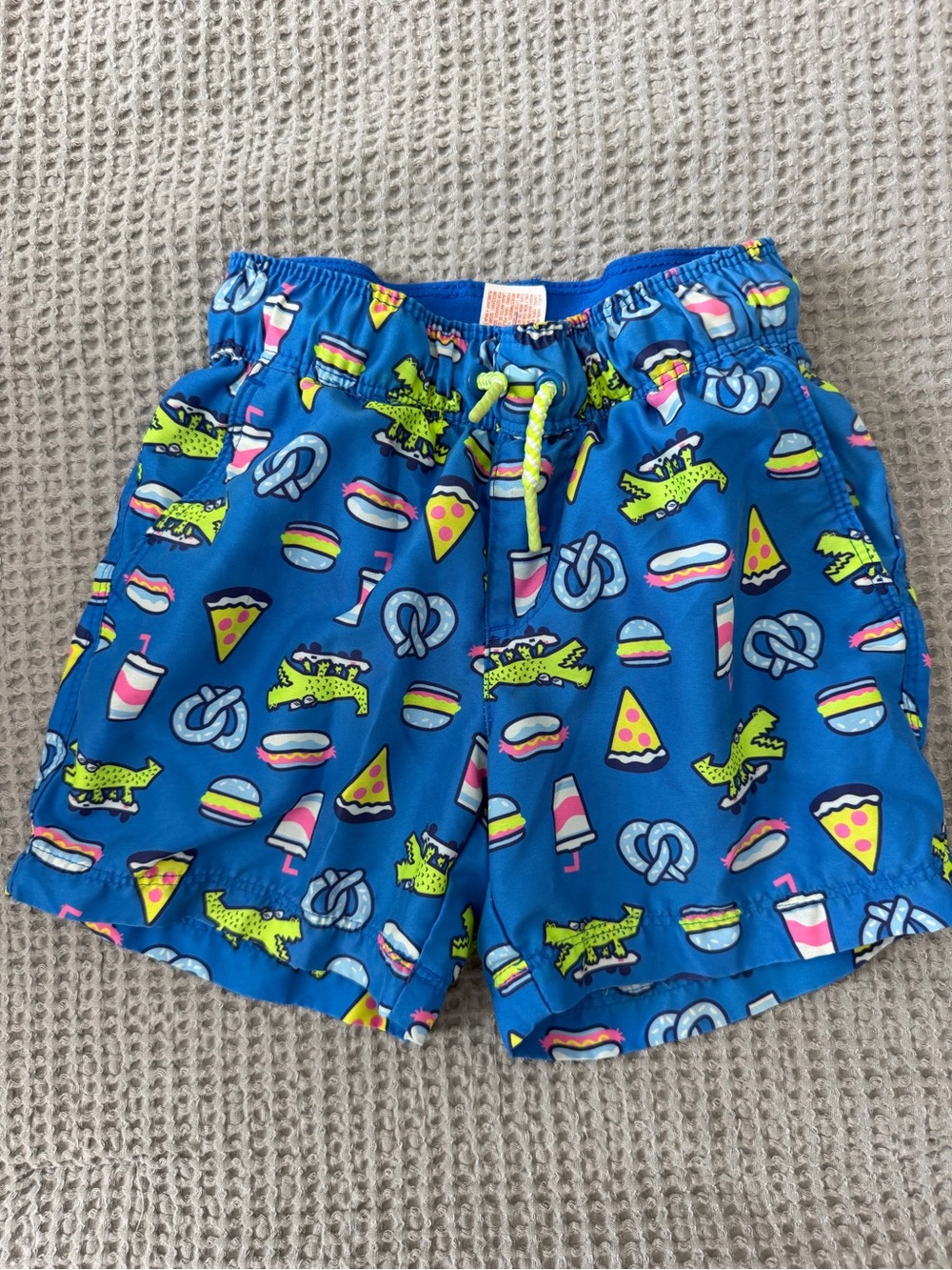 Cat & Jack Bright Blue Kids Swim Shorts with Neon Snack Motif